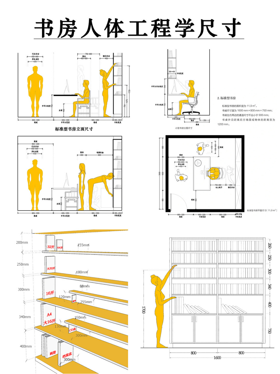 室内设计师私藏 | 书房人体工程学尺寸 书本单体尺寸 书柜分隔设置应