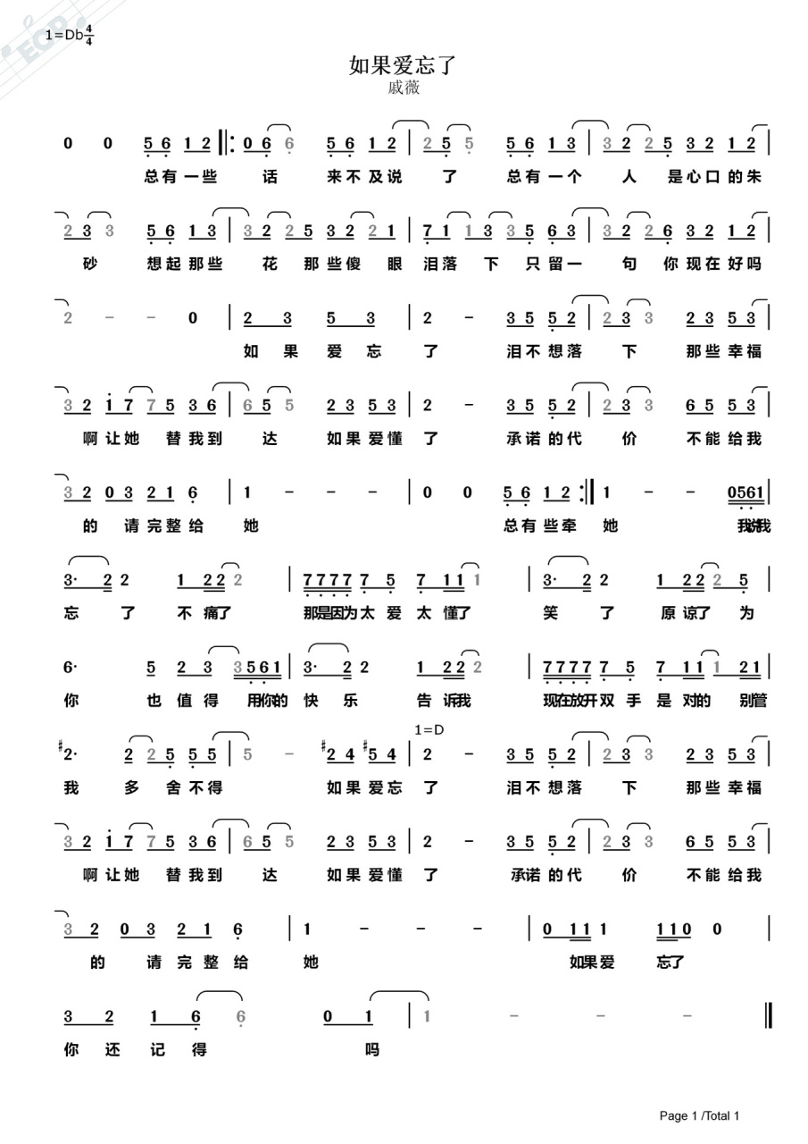 《如果愛忘了》戚薇 簡譜完整版