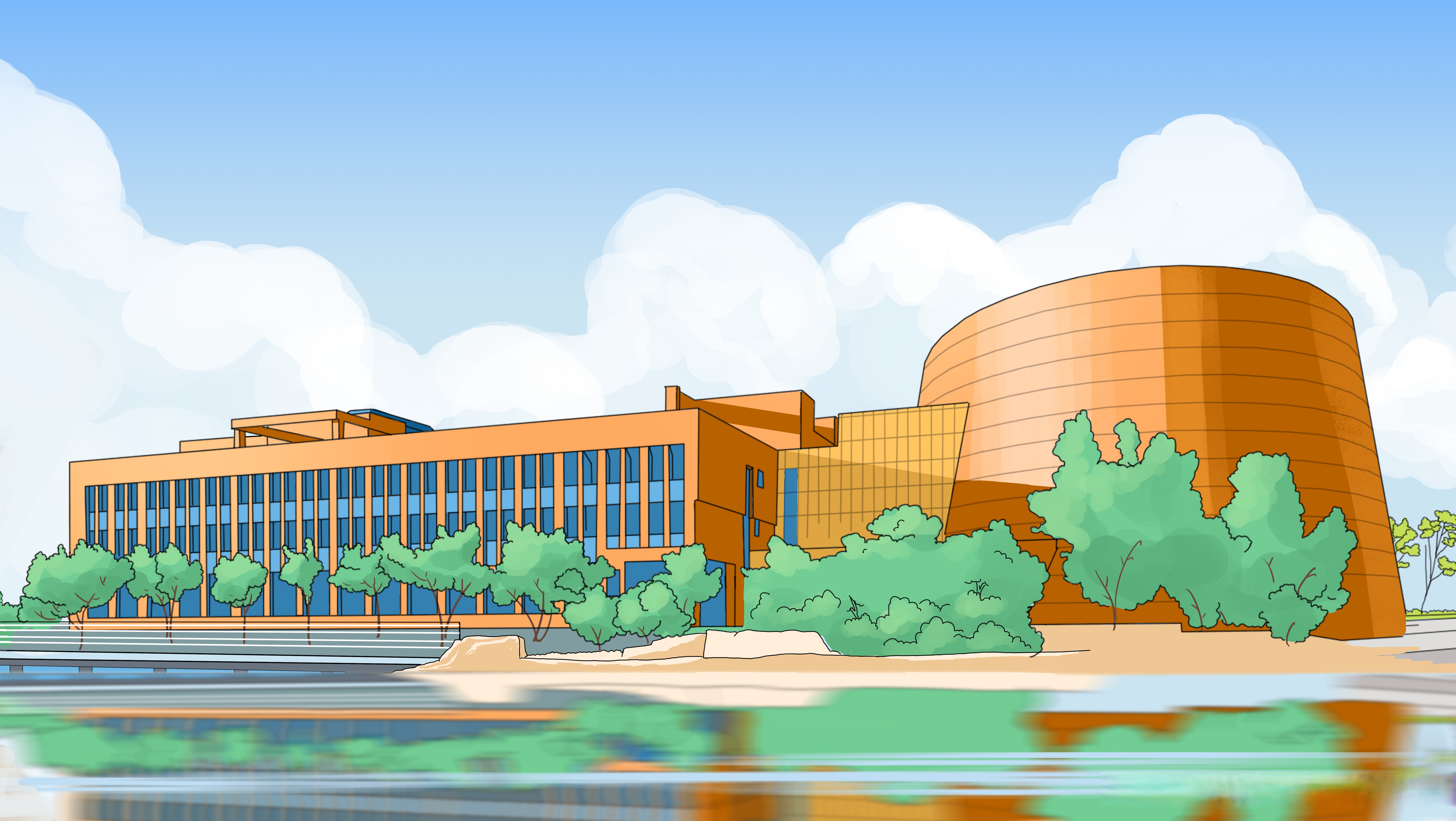 一同走进多彩写笱 校园卡通校园图片手绘建校周年绘画作品建筑物横版