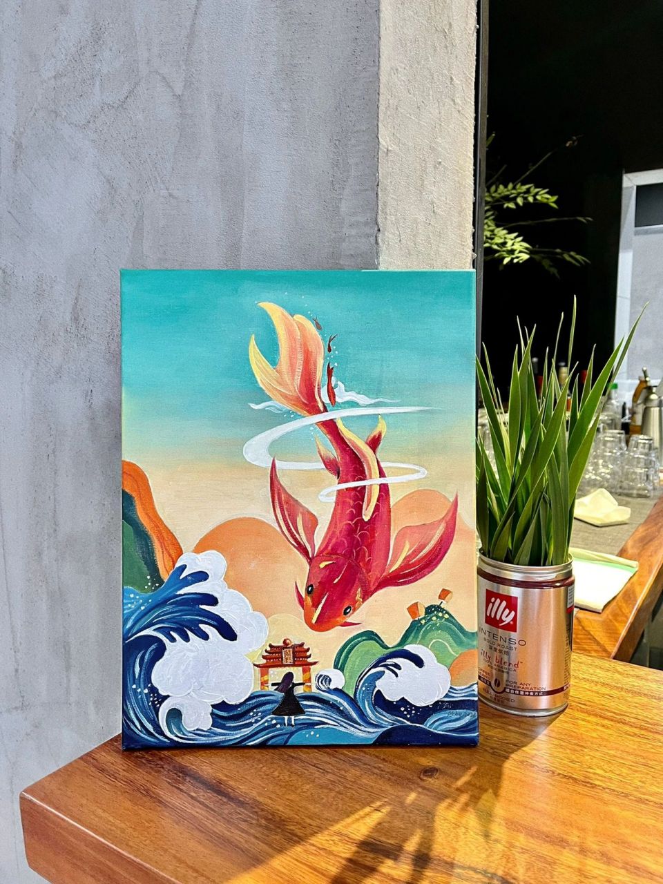 丙烯插画|鲤鱼跃龙门祝上岸 附过程图 鲤鱼跃龙门·早日上岸 30x40cm