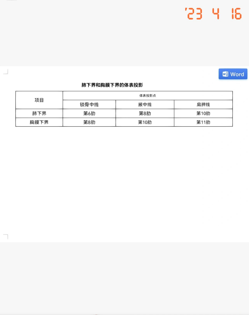 各器官体表投影表格图片