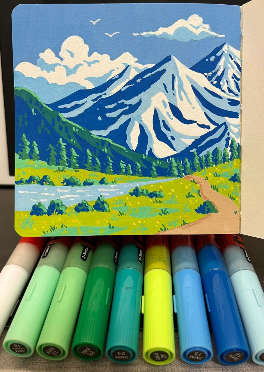 丙烯马克笔|雪山风景 胡萝卜团练打卡2/18 邻近色练习 学号96 周五
