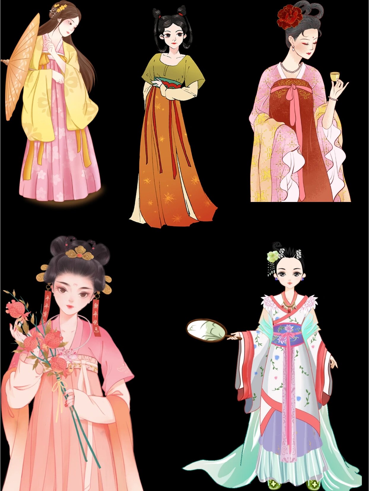 这组素材包含不同色彩的古装人物形象,灵动,优美,各具特色,适合