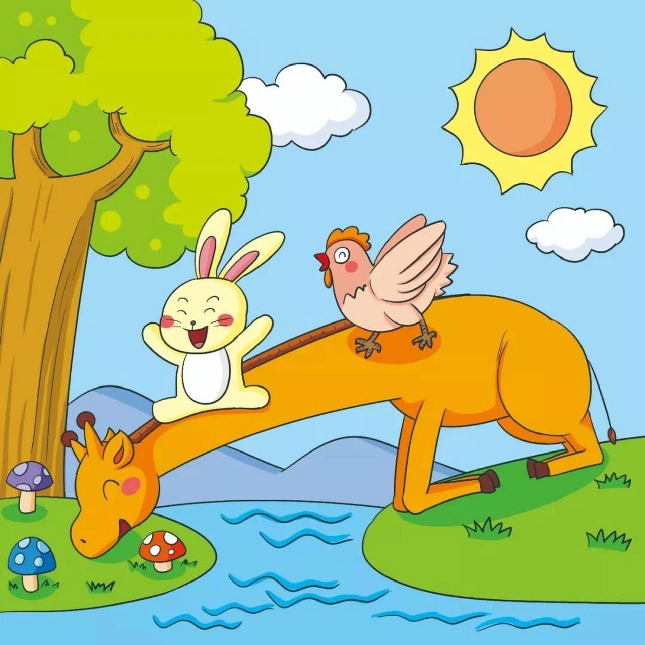 看图写话 奇妙的桥 第一步, 地点:小河边;主角:长颈鹿,小白兔,大公鸡