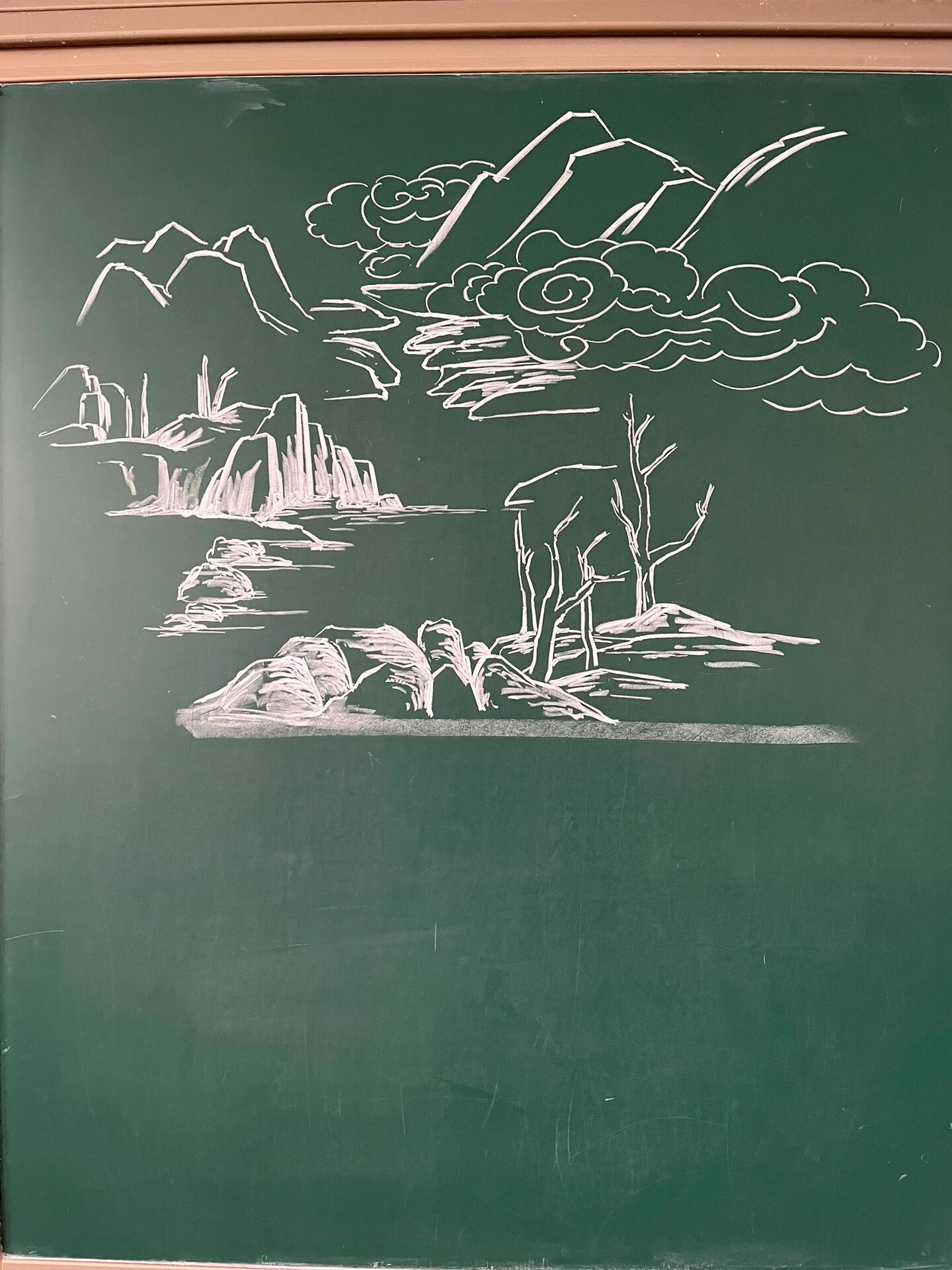 教师黑板画|三景山水《诗情画意》美术线描课