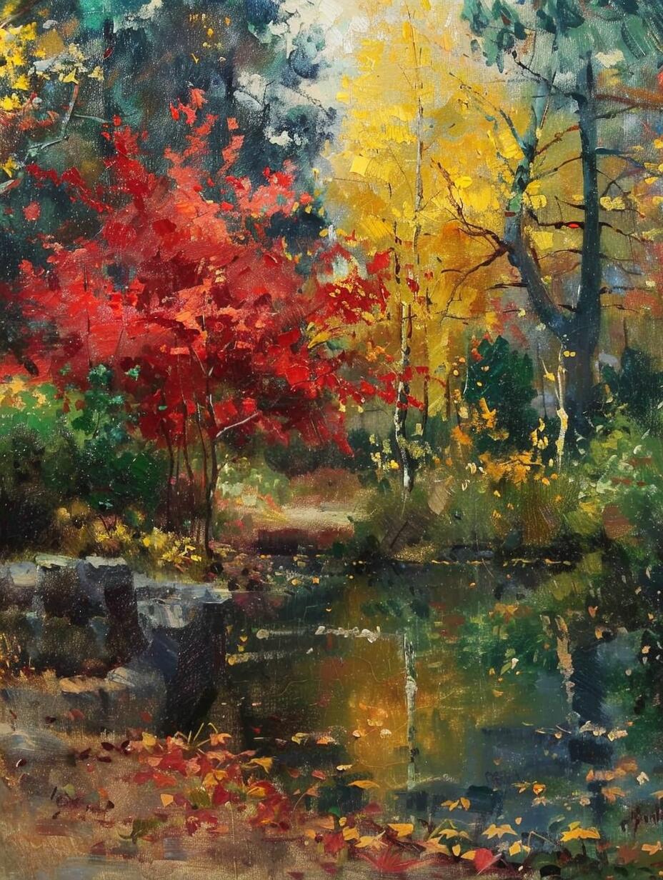 ai油画|枫林红叶映,流水悠悠过