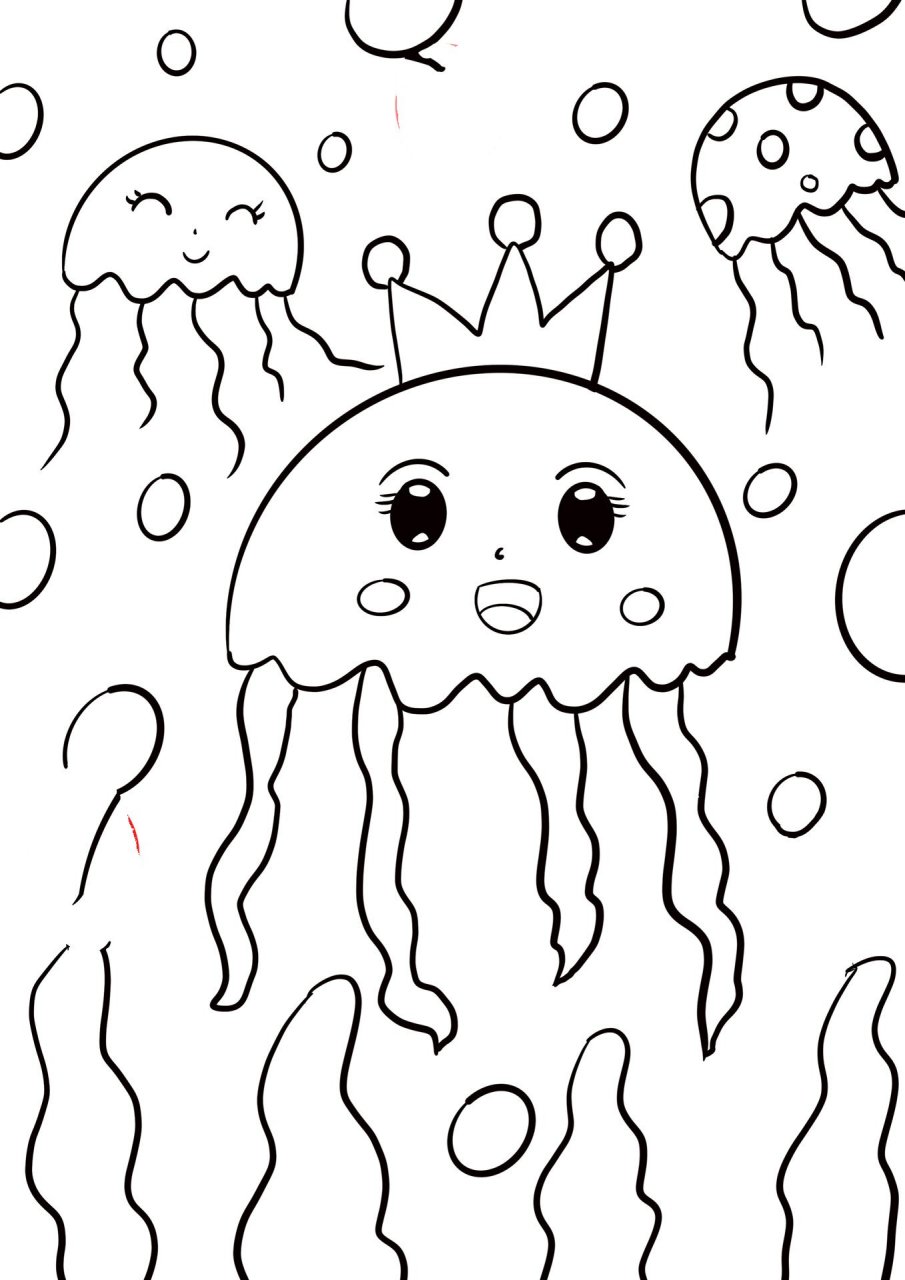 水母儿童创意画(有线稿) 可可爱爱的小水母来啦,各位小朋友快一起画