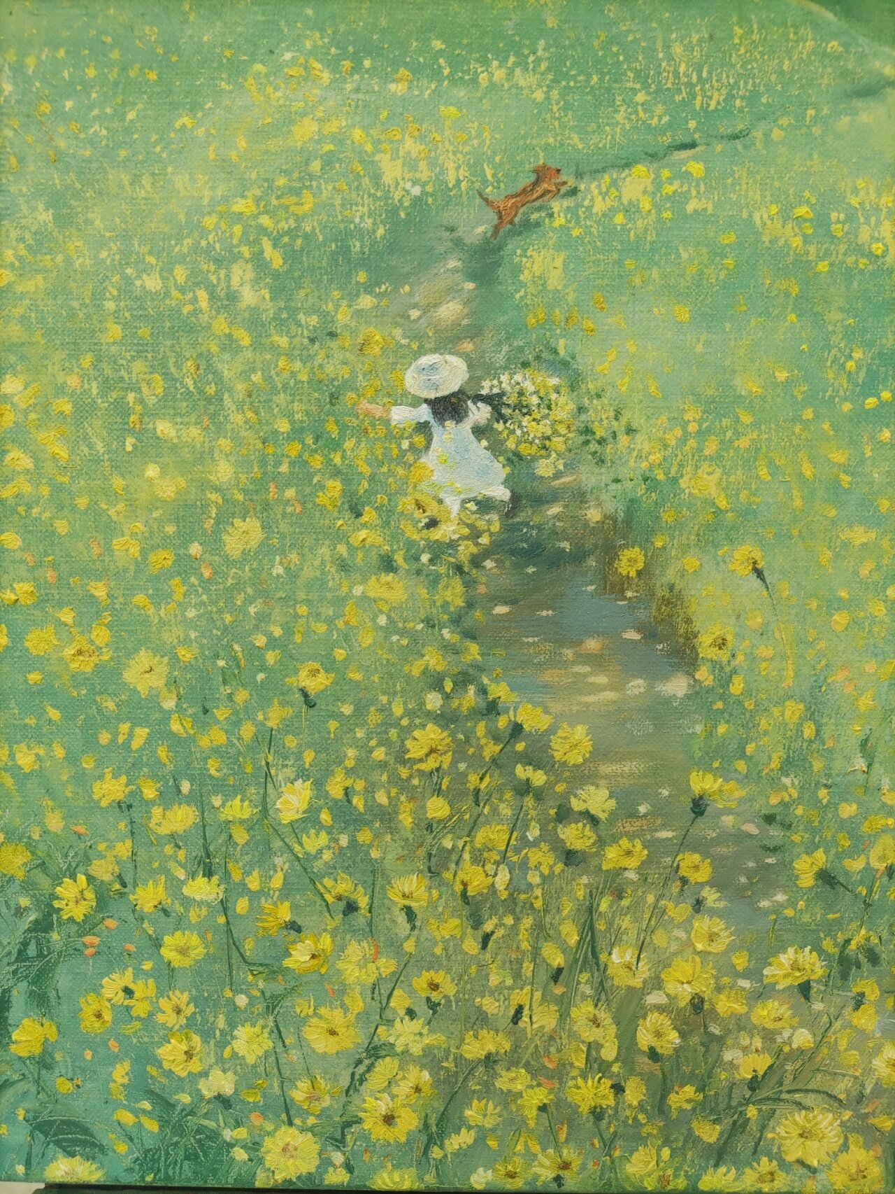 油画作品《时光61遍地野花》 有微风,有阳光,有花朵.