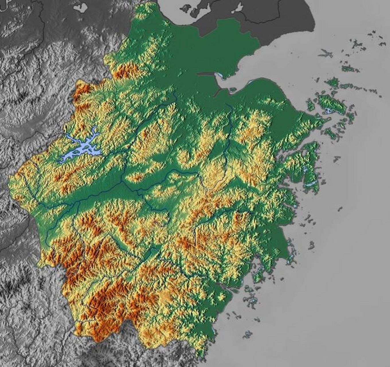 浙江省地形图 浙江地形自西南向东北呈阶梯状倾斜,东北部是低平的冲积