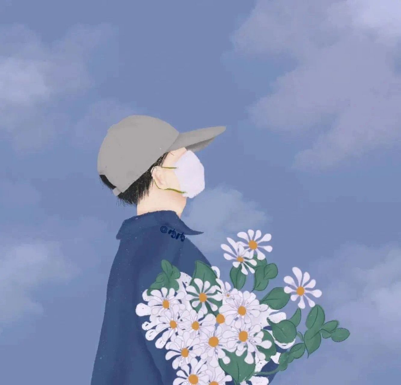 情侣头像丨手捧鲜花动漫手绘情头