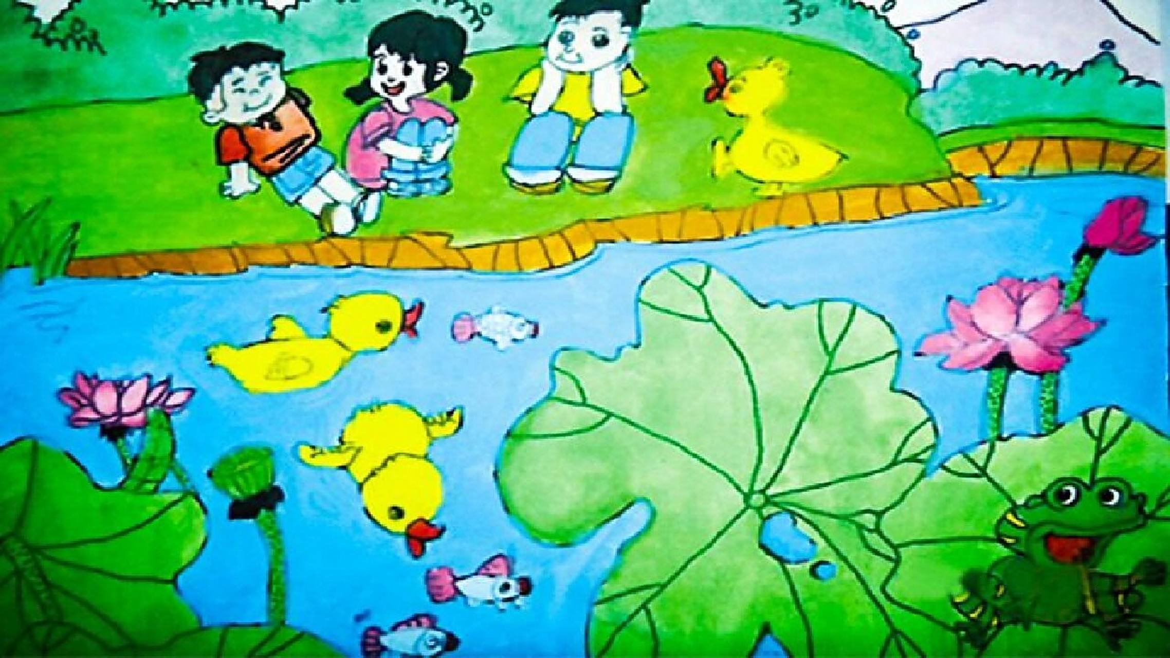 看图写话《荷塘美景》 夏姑娘迈着姗姗的脚步来了,荷塘里美丽极了!