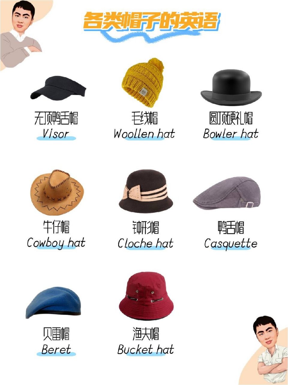 各类帽子的英语 帽子不止有"hat"和"cap" 	 不同帽子的英语,你葛懂了?