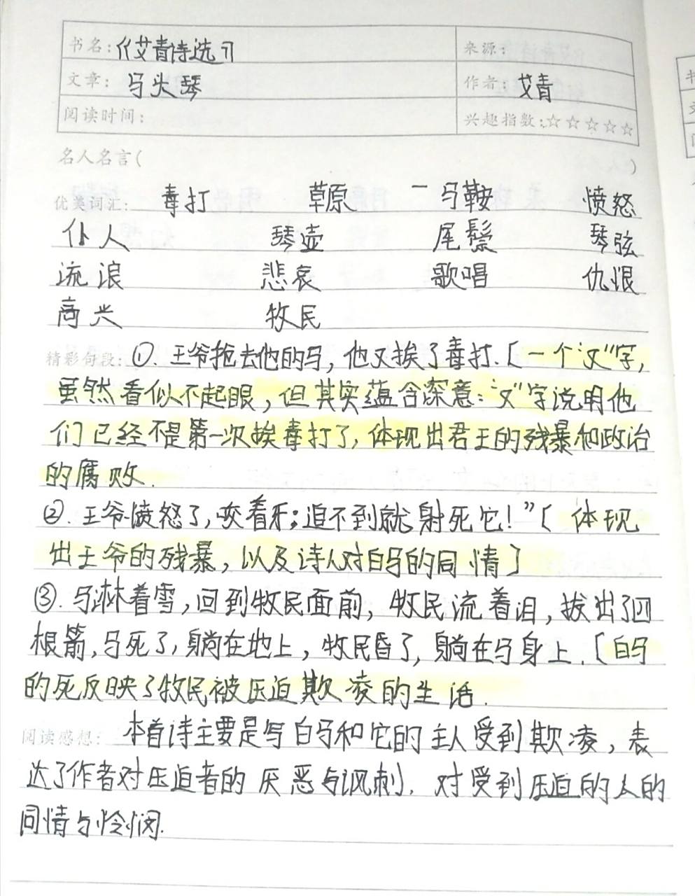 《艾青诗选》读书笔记,马头琴.启明星 九年级上册读书笔记.
