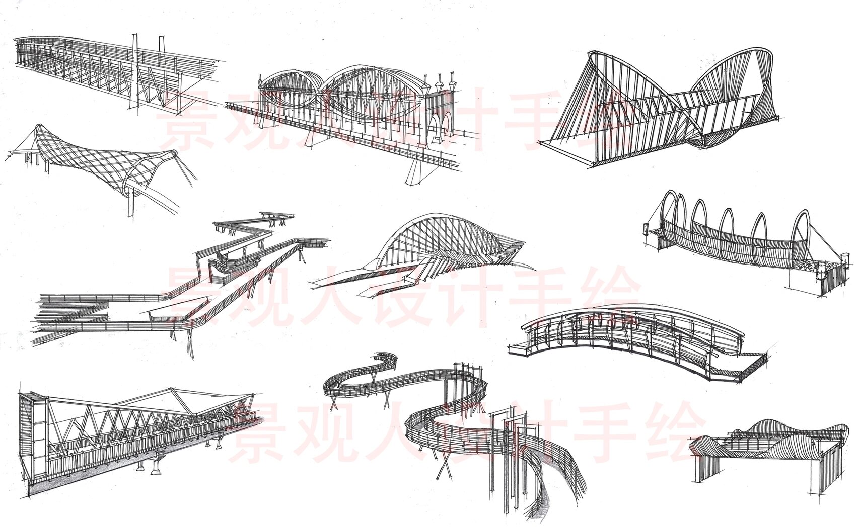 手绘现代风格景观桥 有同款配套景观桥su模型