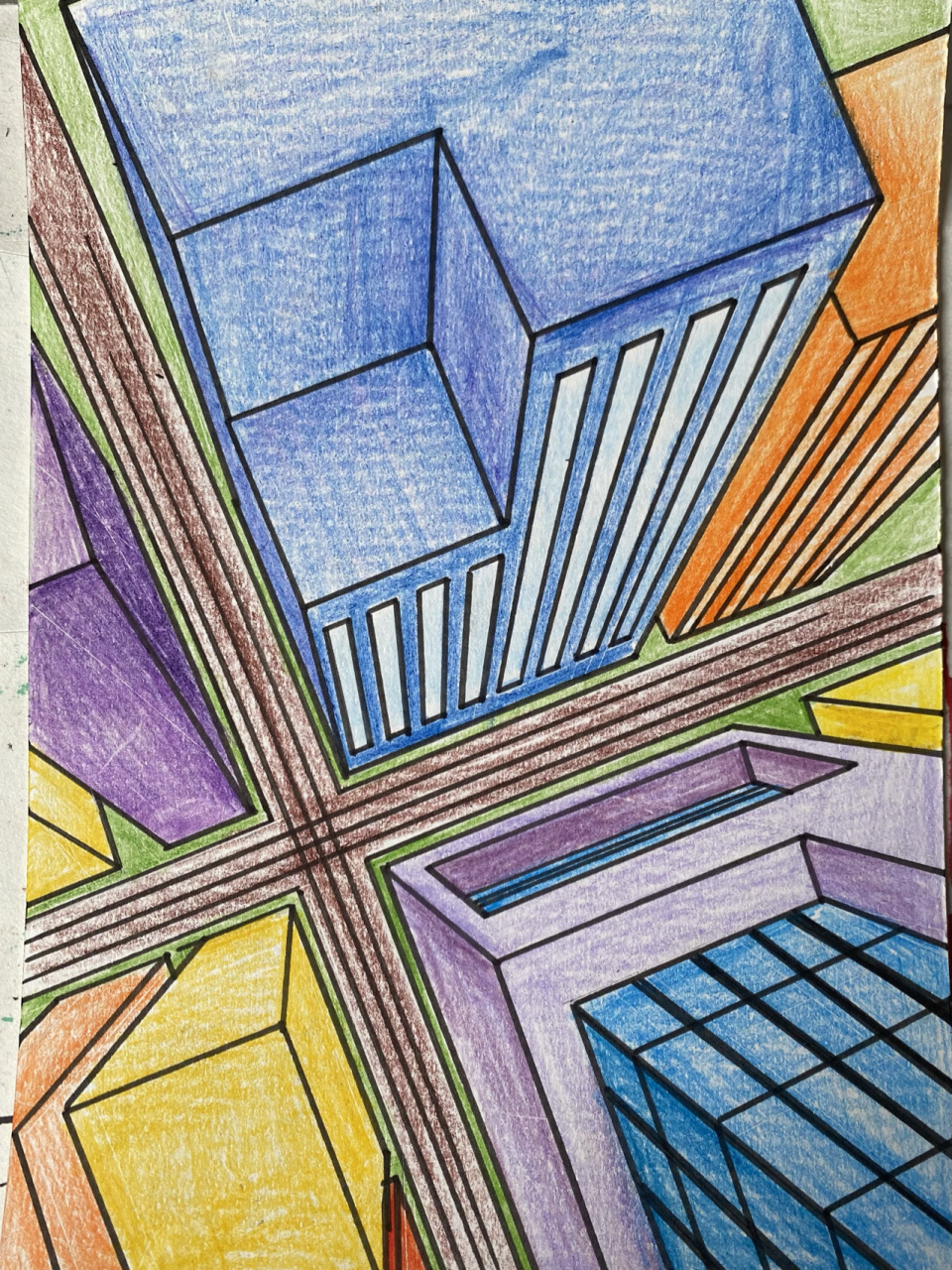 俯视大楼彩铅手绘儿童画 参考的话,窗户形式可以改动改动