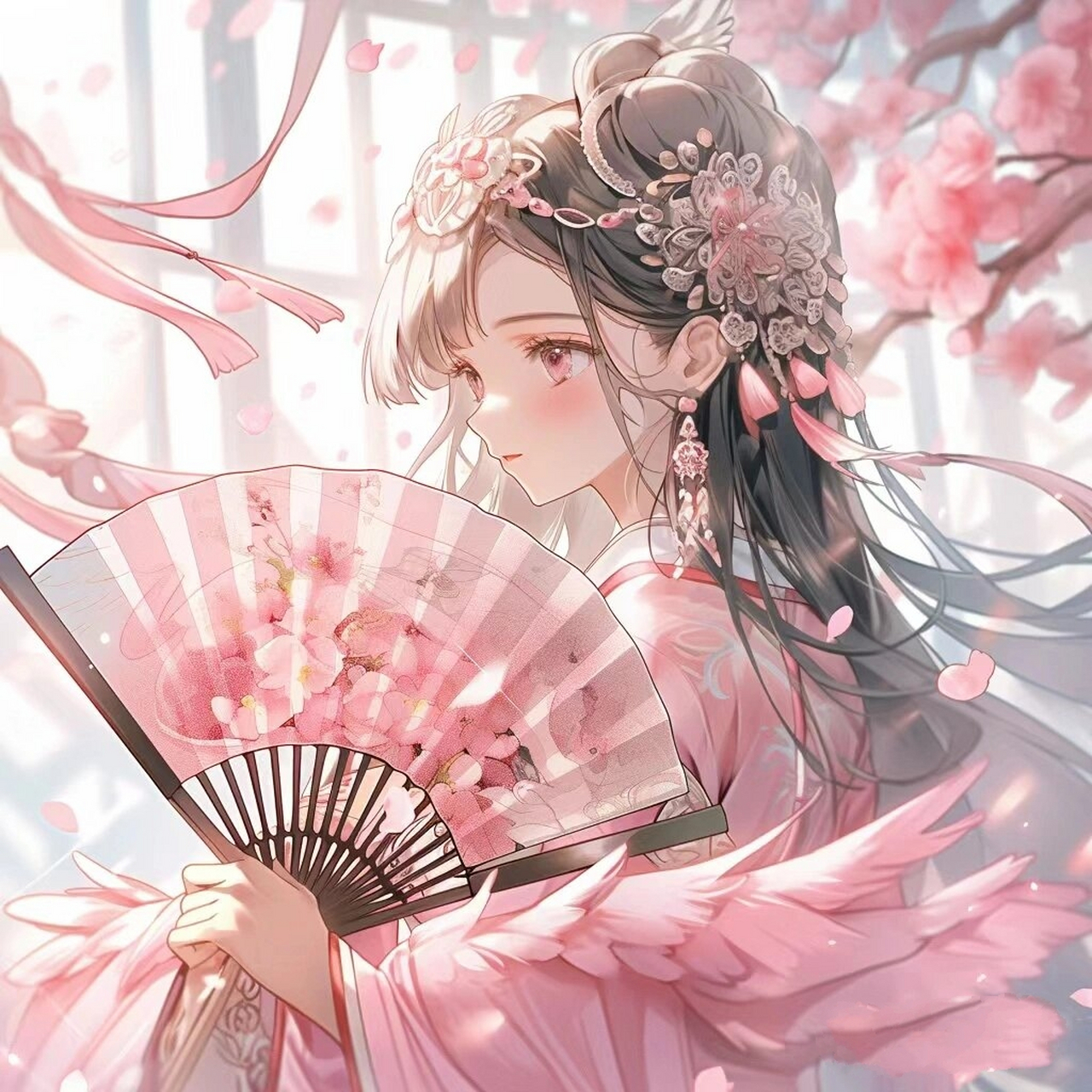 粉色古风拿扇女孩头像