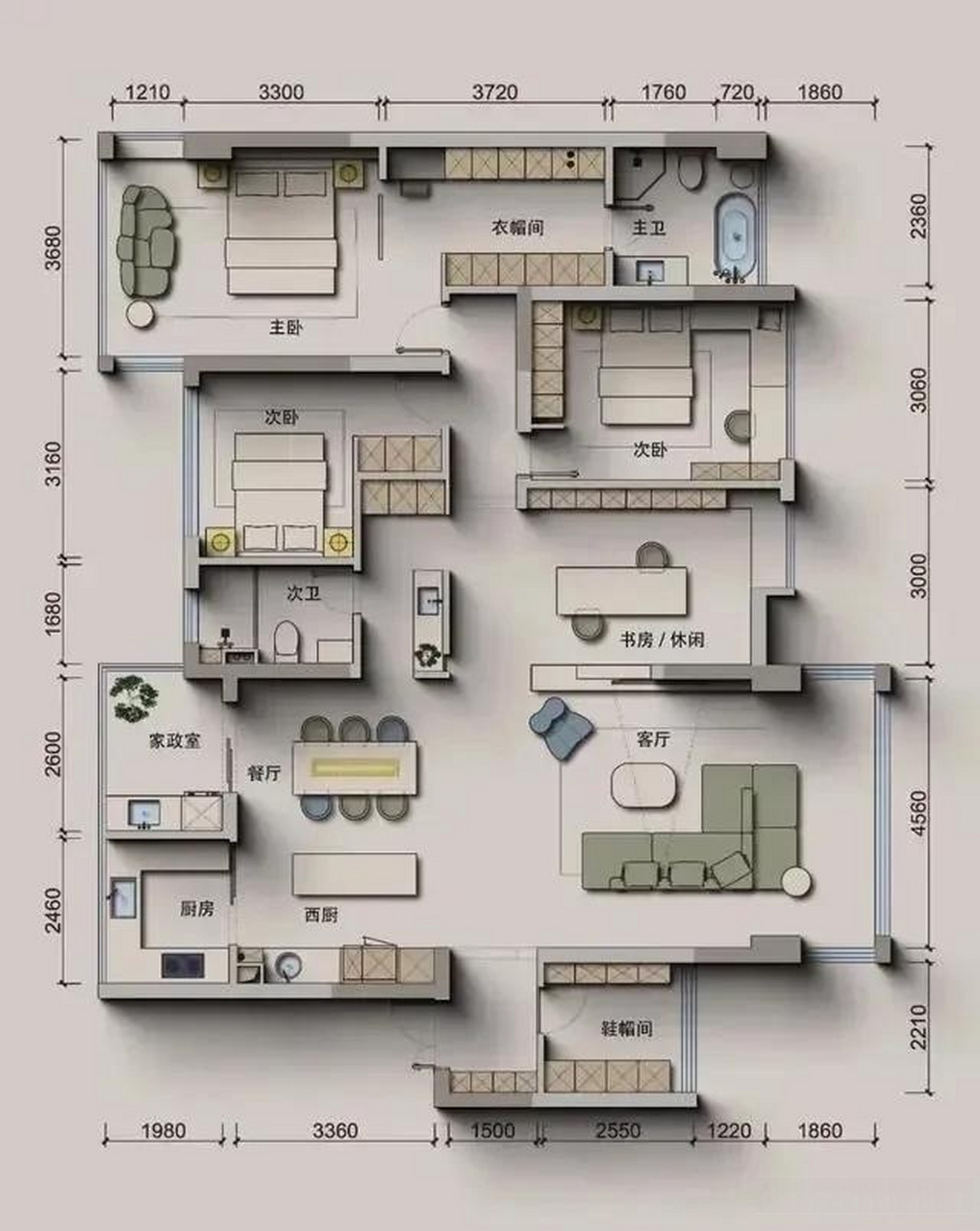 非常喜欢的一套四房两厅两卫户型,大家帮我参考一下有什么缺点没有?