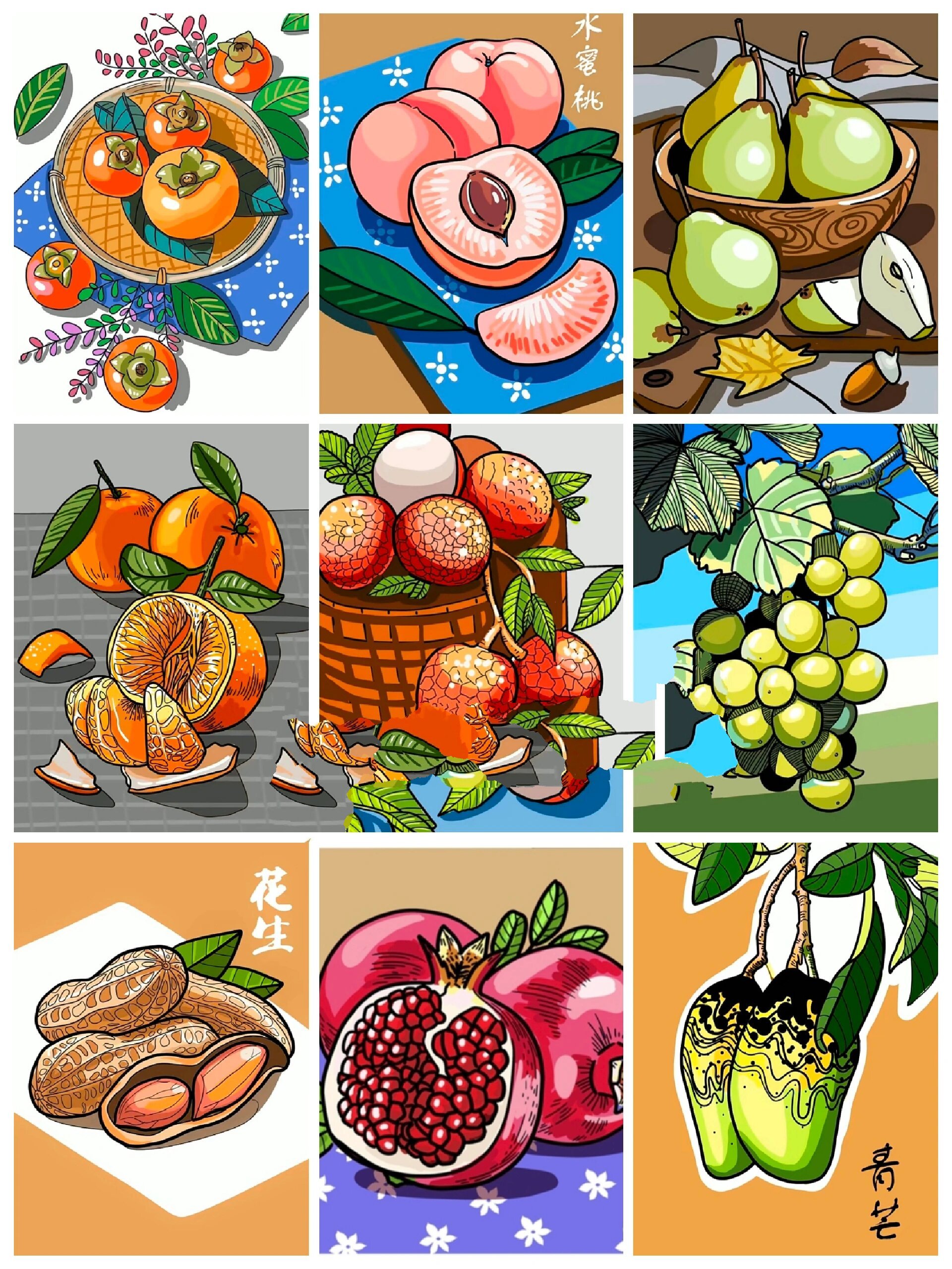 色彩静物水果写生彩色创意线描画