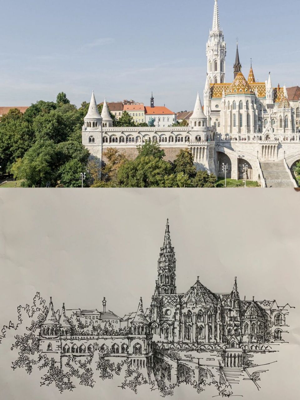 【钢笔速写】今日份写生纪录,新罗曼风格建筑 #水彩写生# #风景速写