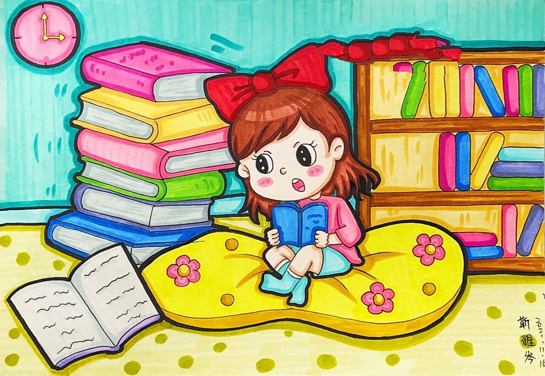 马克笔儿童画我爱读书98 马克笔儿童画卡通画简笔画主题画我爱读书