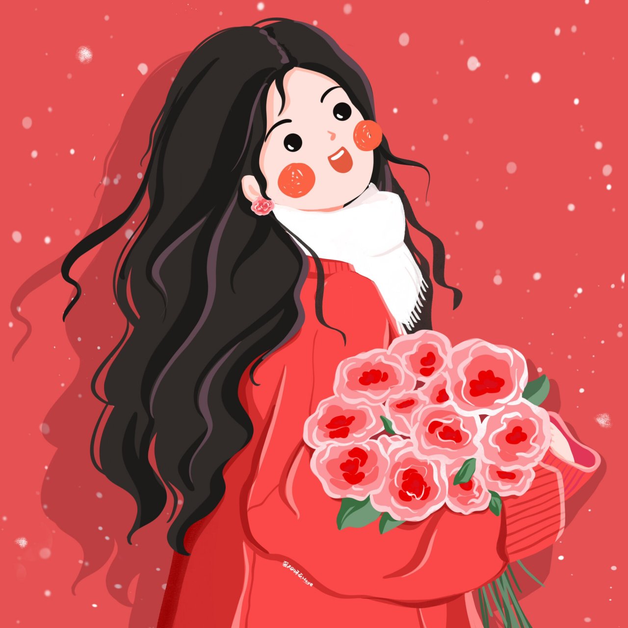 插画头像 | 一枚可爱的新年捧花女孩 红红火火过新年~ 背景多种配色供