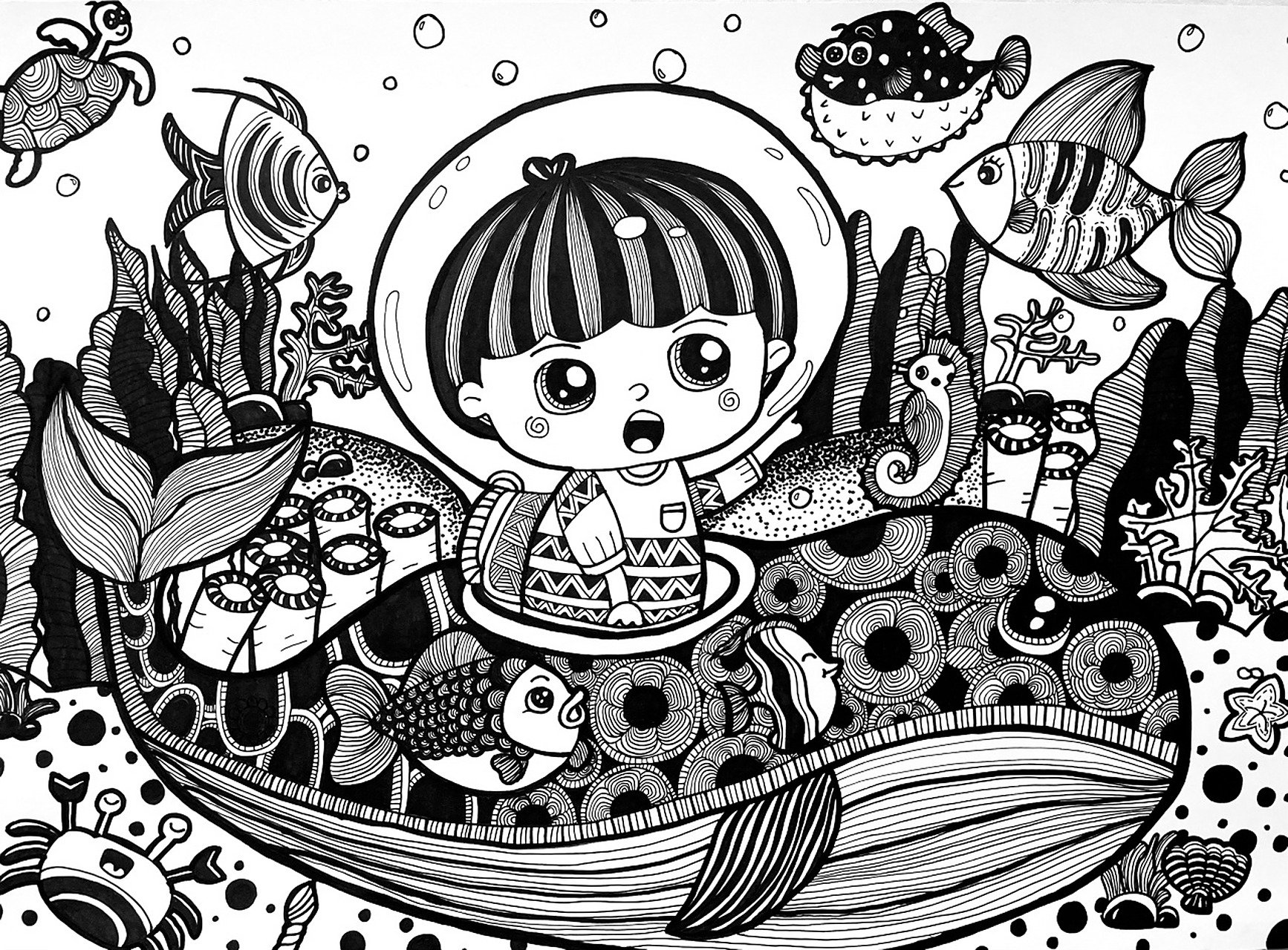 海底世界主题儿童画 99儿童黑白线描画|简笔画 适合《海底世界》