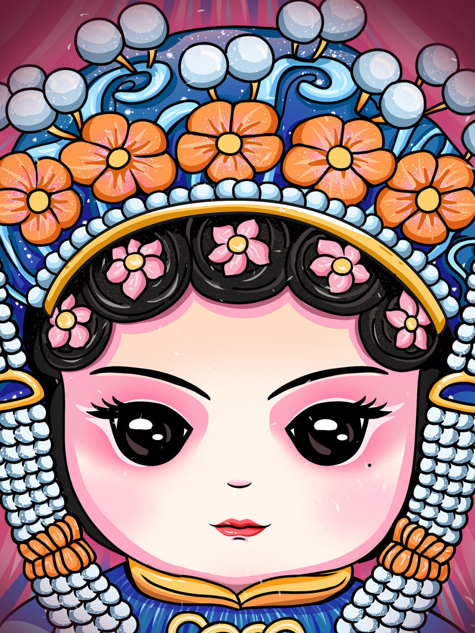 国潮风女花旦脸谱插画 国潮风好火,画了个可可爱爱的q版脸谱 以后可以