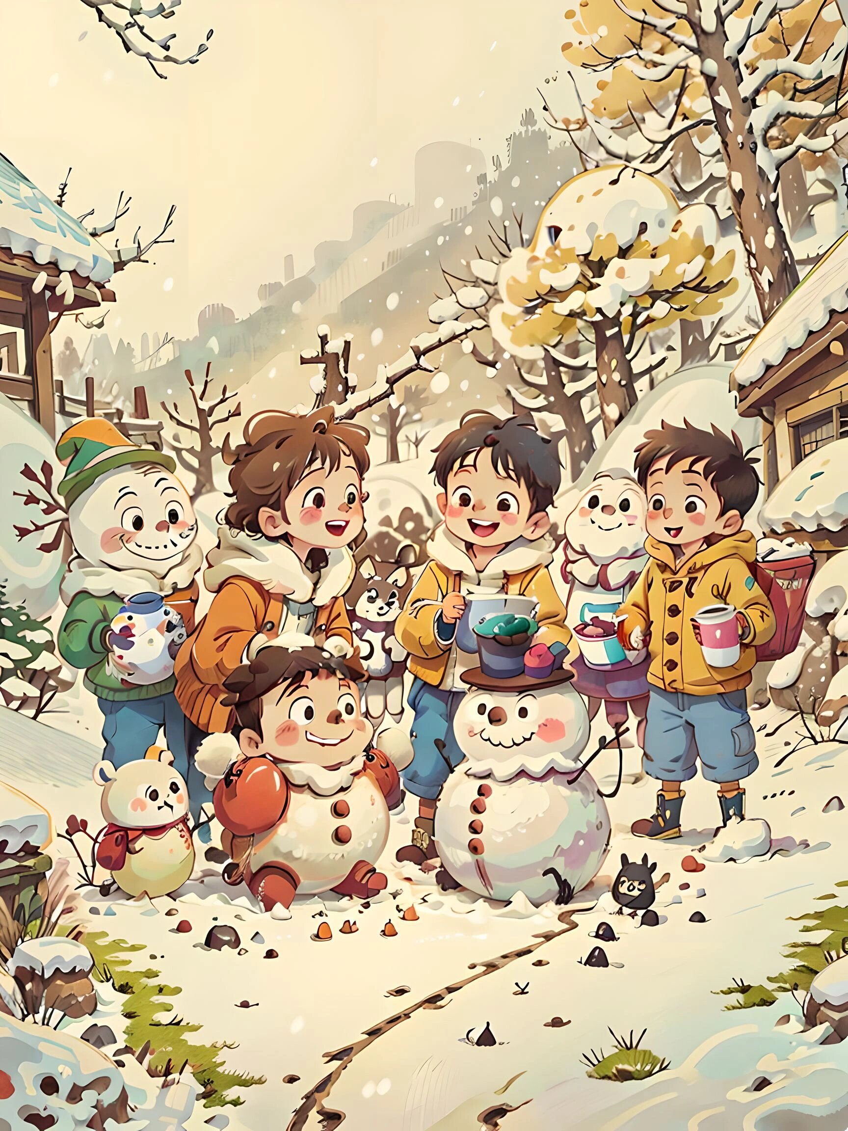 四幅连环画堆雪人图片图片