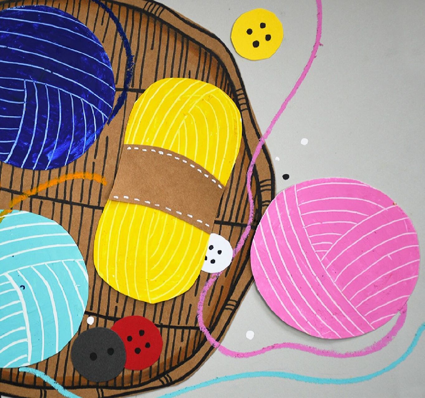 毛线团 【参考技法】  油画棒色彩鲜艳,使用简便,是儿童美术课堂教学