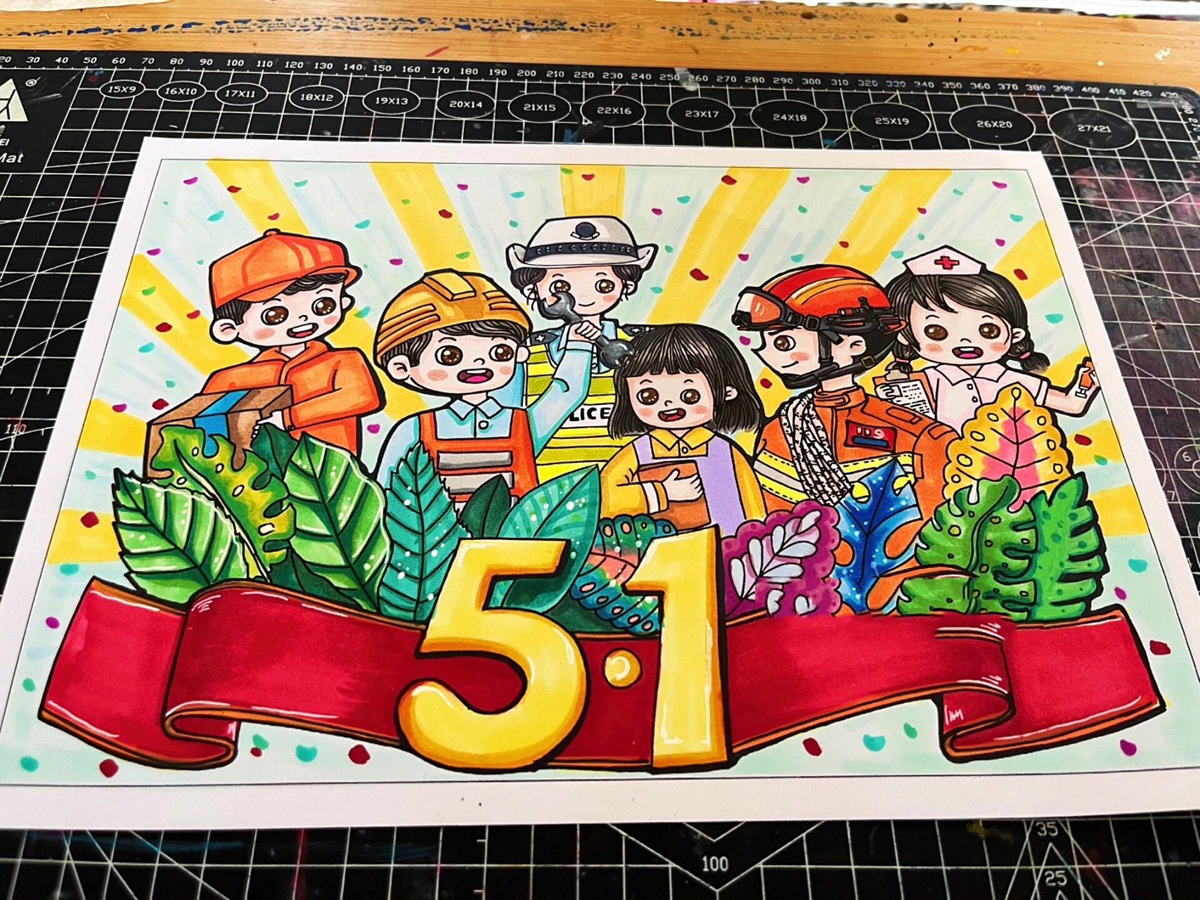 原创|儿童马克笔主题画五一劳动节有线稿 如需高清无水印线稿每张$5