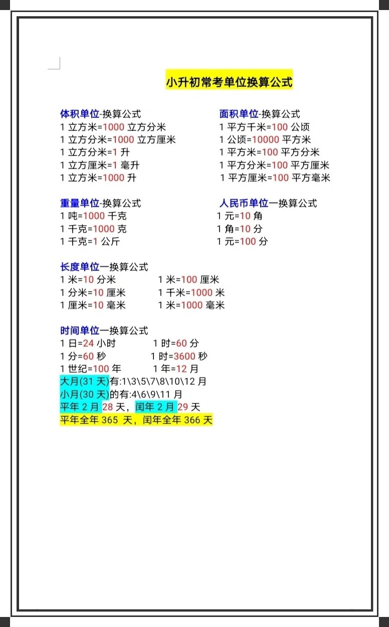 小升初数学常考单位换算公式  体积公式,面积公式,重量公式, 	 人民币