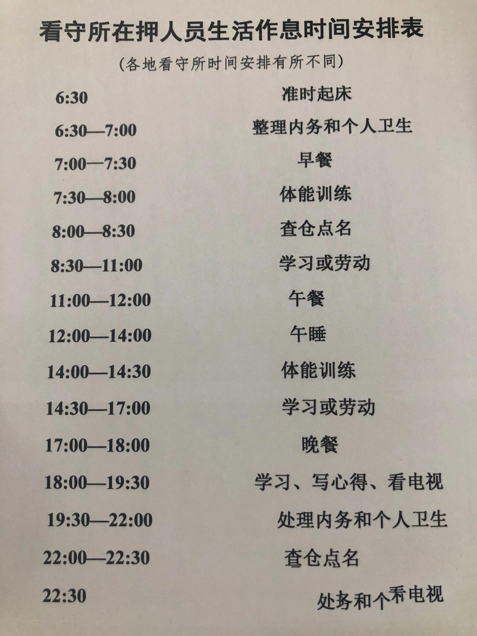 看守所在押人员作息时间表(各地不同) 看守所在押人员作息时间表(各地