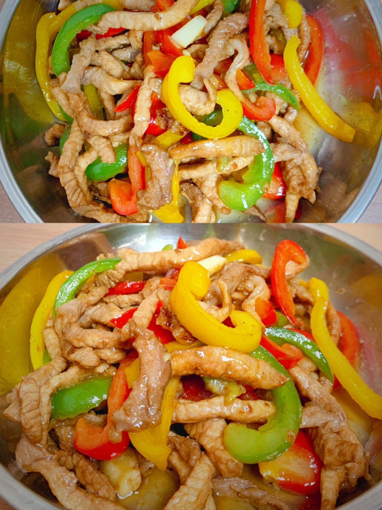 01菜名:  彩椒炒肉丝 	 04食材:  红黄绿三色彩椒,猪肉.