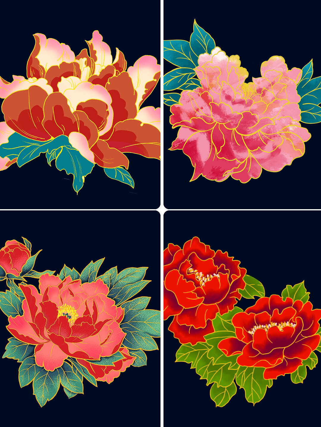 05手绘国潮中国风古典牡丹花国花花卉装饰图案psd设计素材png免抠图