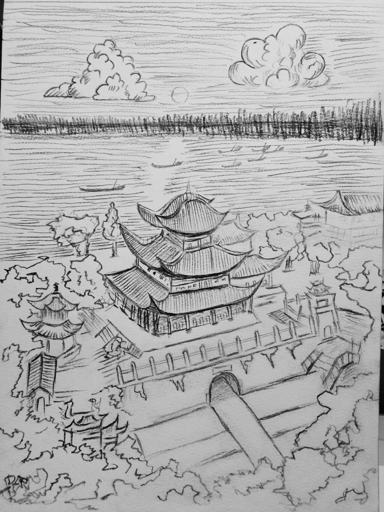 聊城光岳楼素描图片