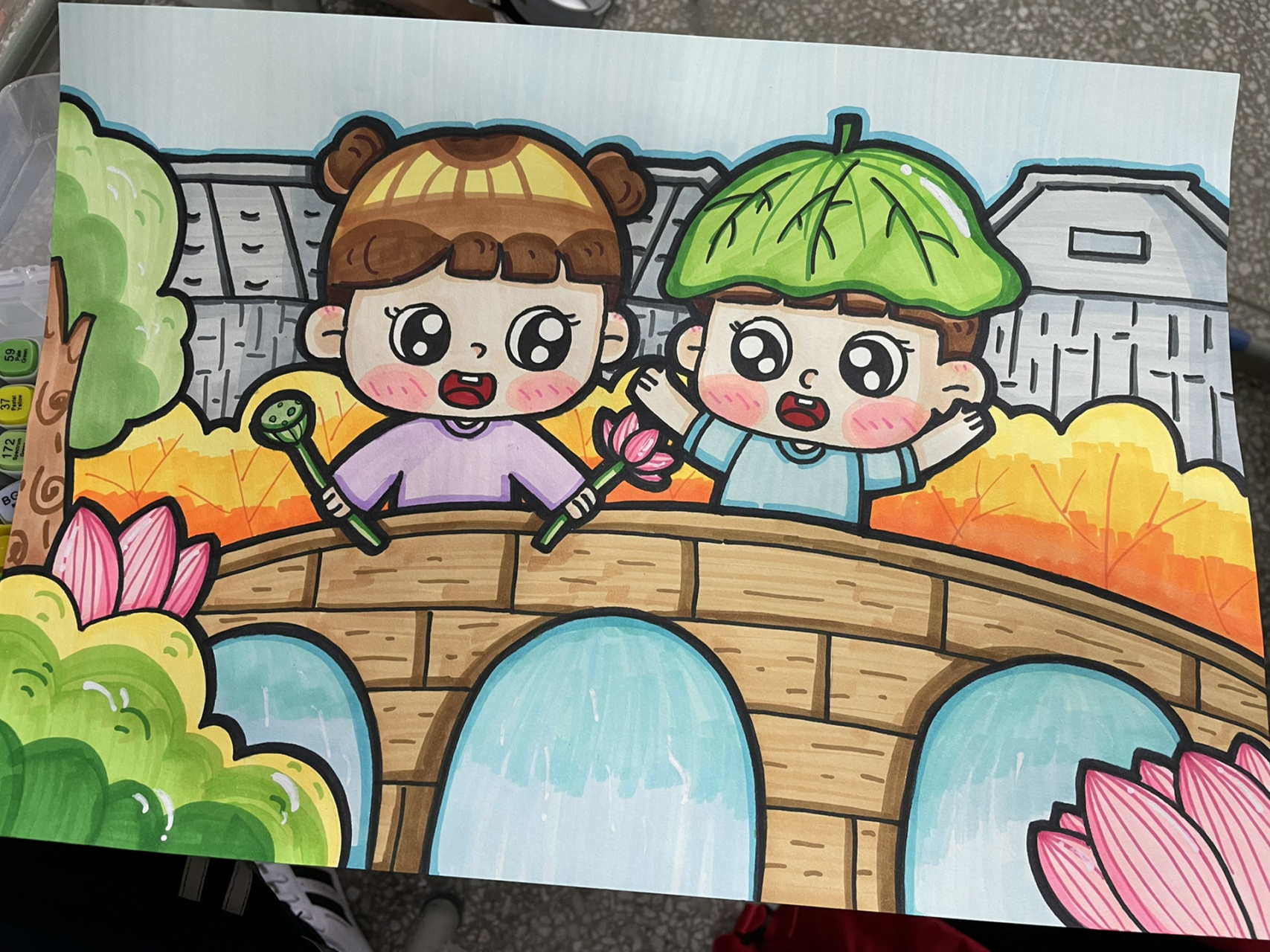 儿童画主题画 适用主题:江南水乡,我的家乡,家乡的夏天….