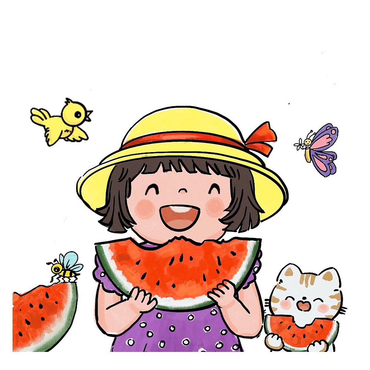 《吃西瓜》儿童画,夏天与西瓜最配哦…… 夏天儿童画的主题一定离不开