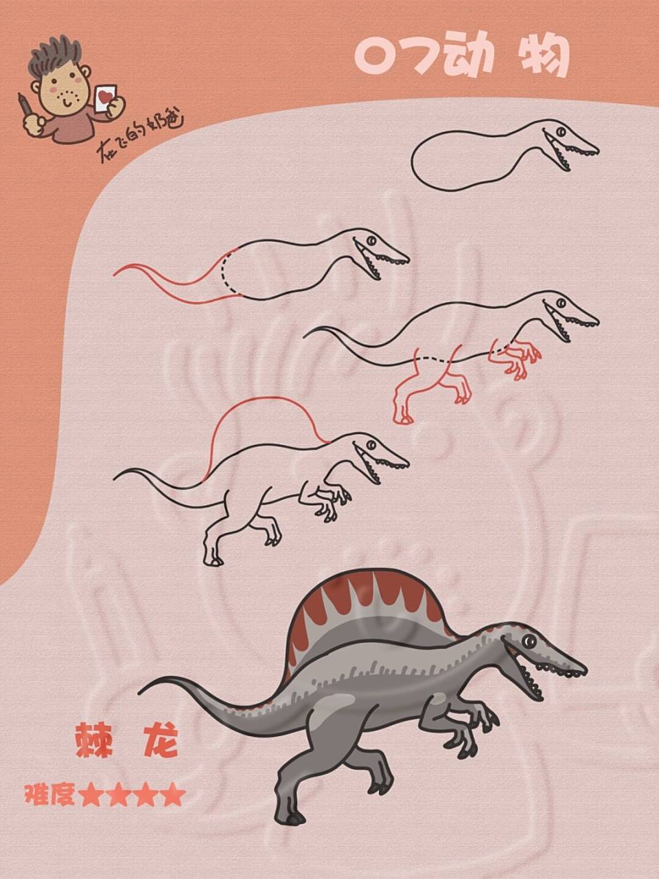 棘龙 简笔画 这个大家伙据说不必霸王龙弱哦,而且会游泳,不知道是不是