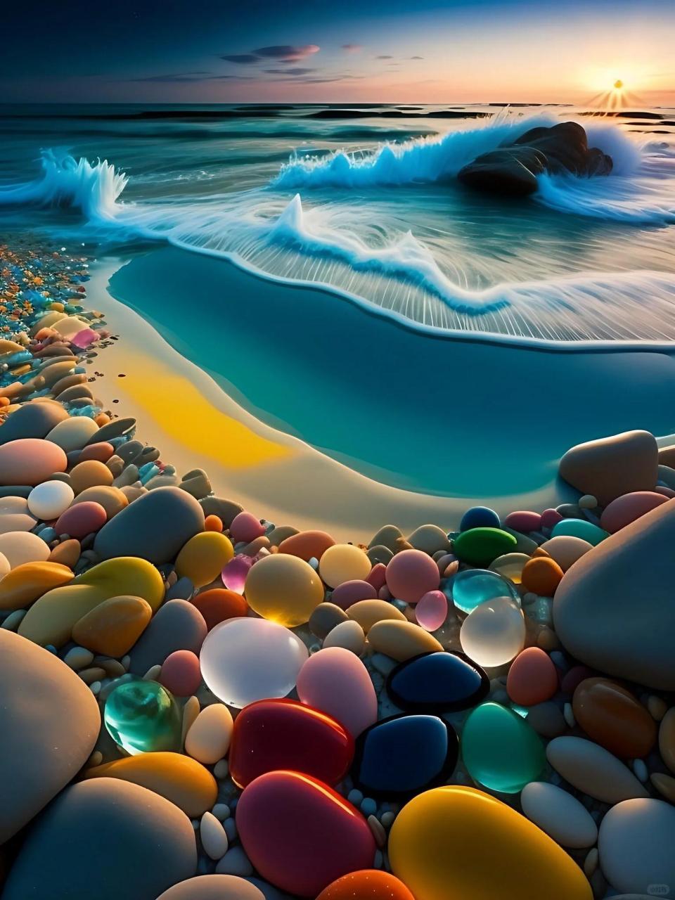 梦幻美丽的沙滩,许多五颜六色的鹅卵石 梦幻美丽的沙滩,许多五颜六色