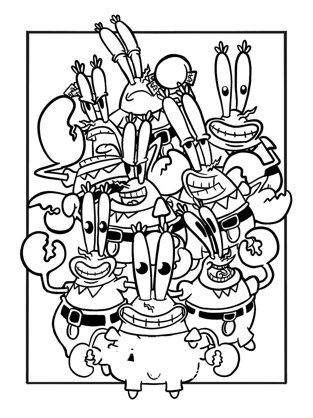 蟹老板|童年经典重绘|装饰画|黑白线描|动漫 继续画海绵宝宝的朋友们