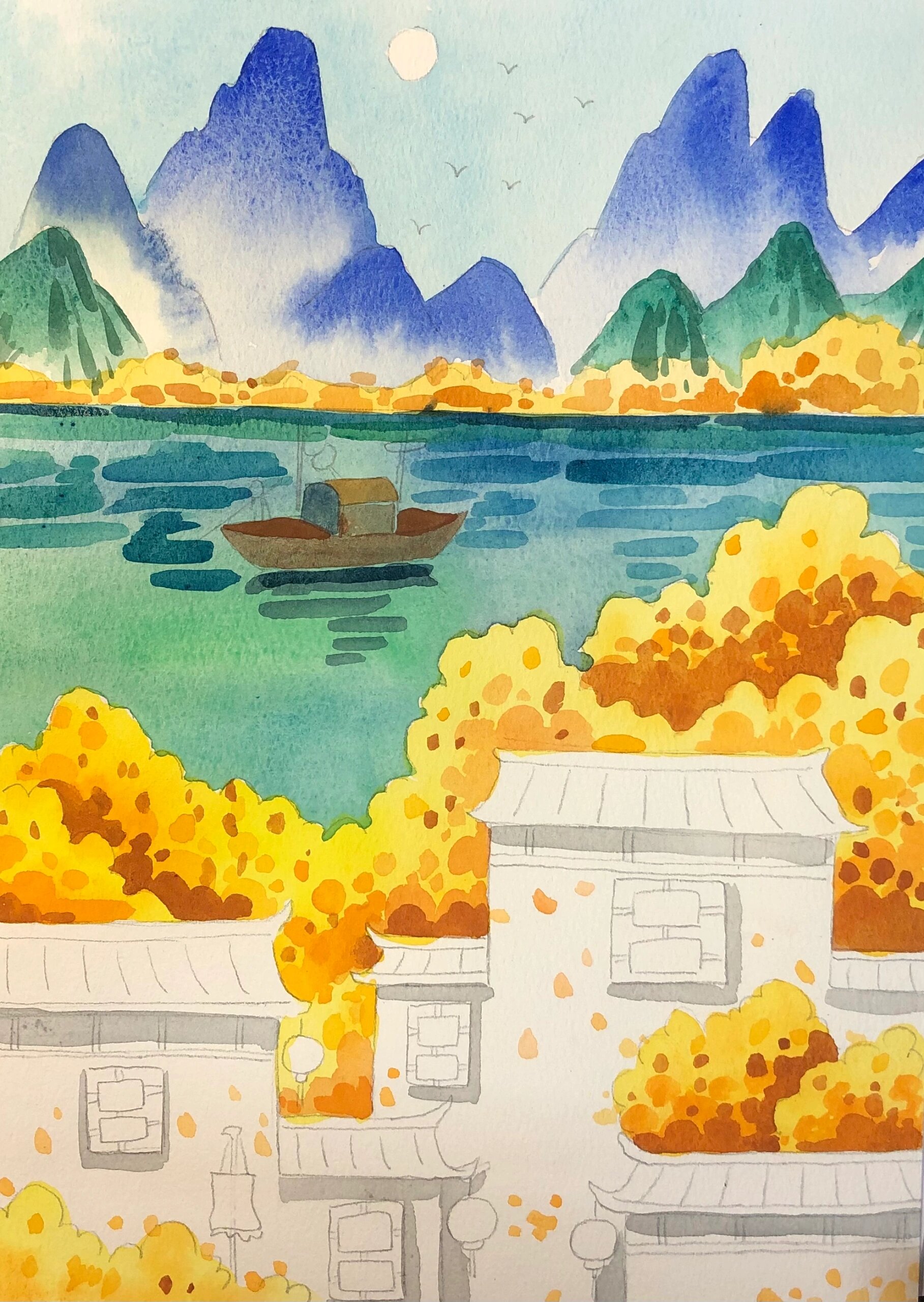 水彩国风风景画教程《江南秋景》