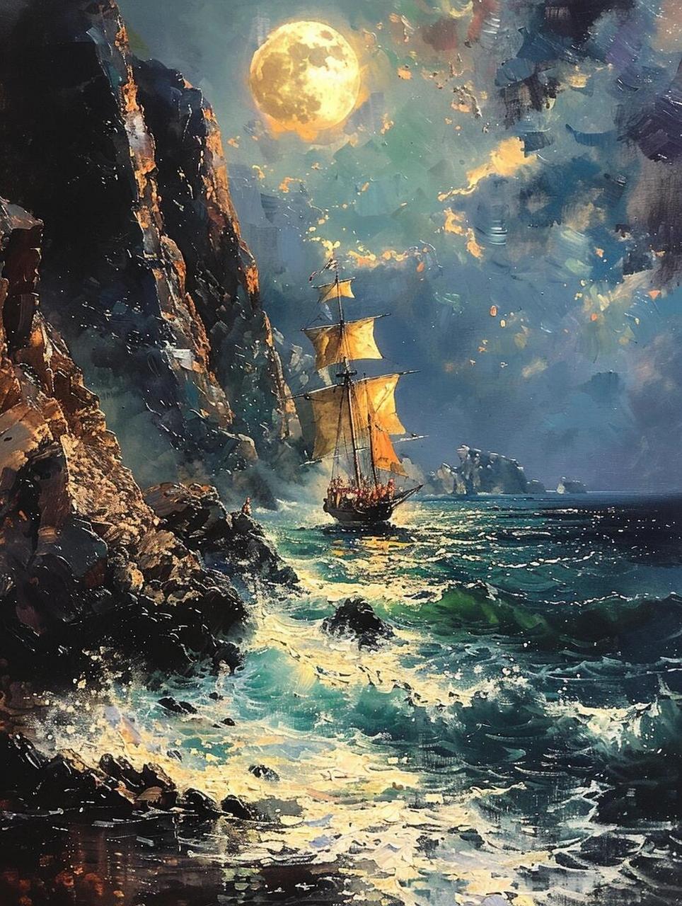 ai 油画|月夜·帆船