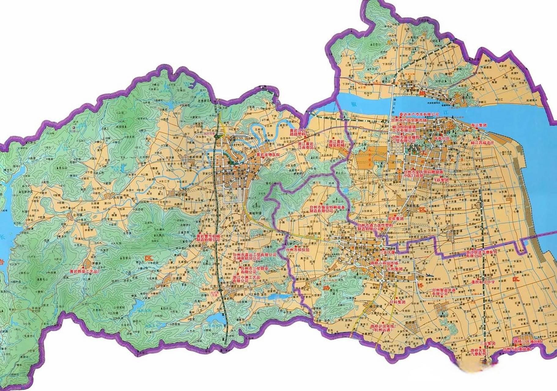 2000年初时的台州地图,这个地图把平原都着色为橙色,能很直观的看到