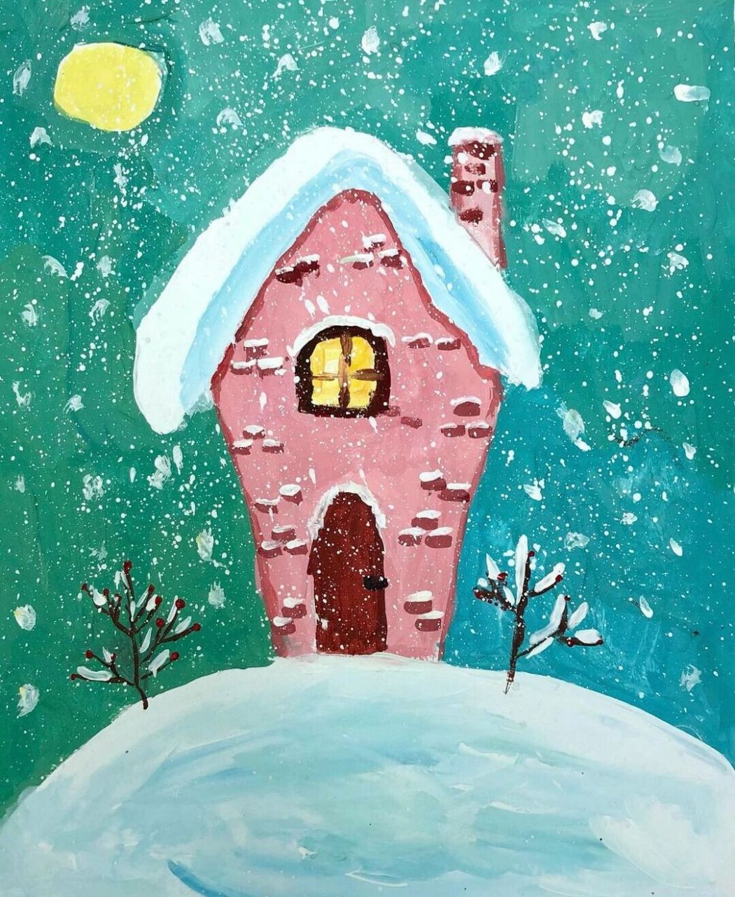 中班大班小朋友的水粉画作品冬天的雪房子 圣诞节主题水粉画:冬天的