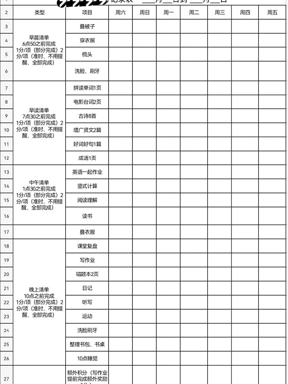 家庭积分奖励表落实起来!
