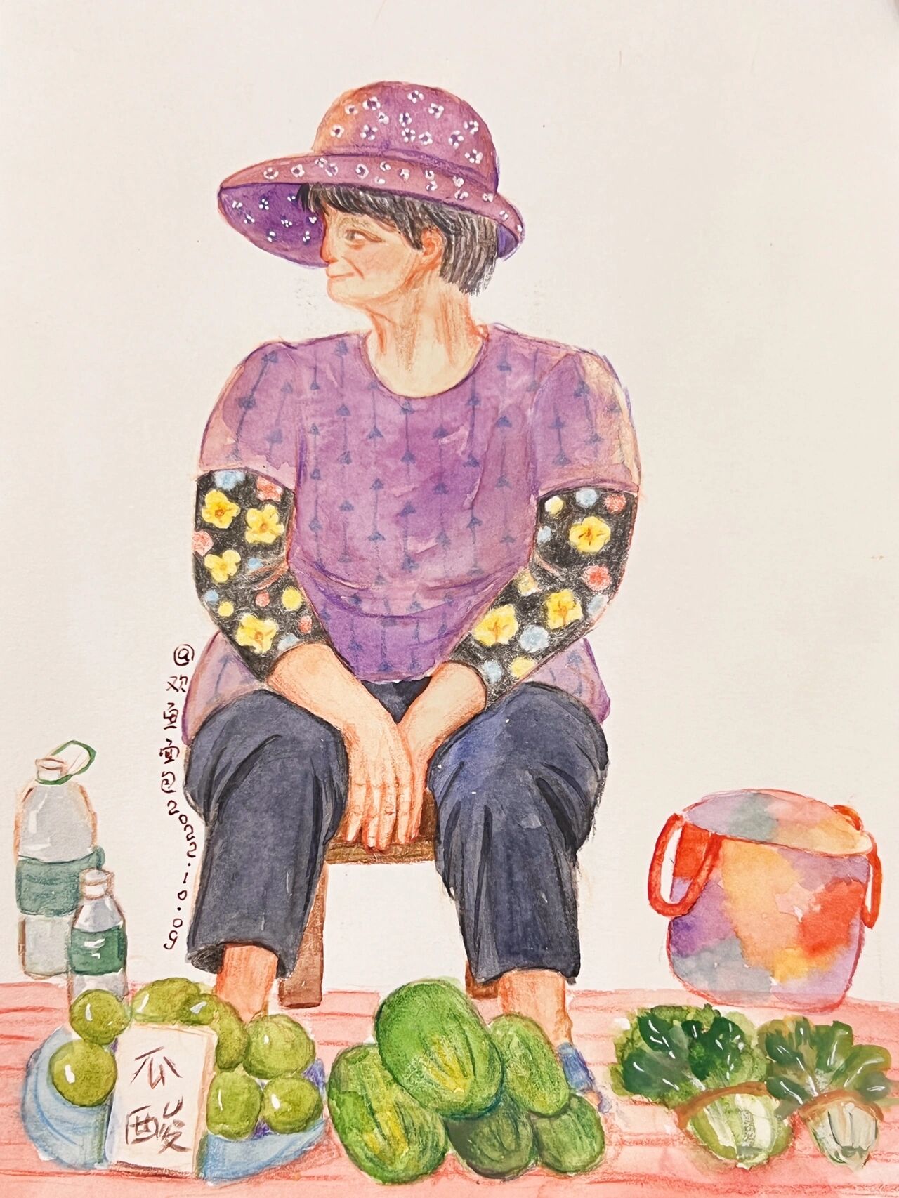 人物速写——街边卖菜的老人