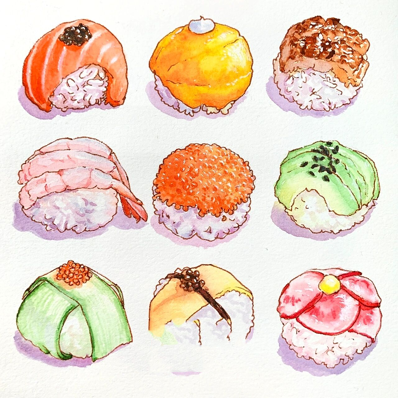 水彩美食|可爱的波波球寿司手绘附线稿 难得周末遇上了这么好的天气