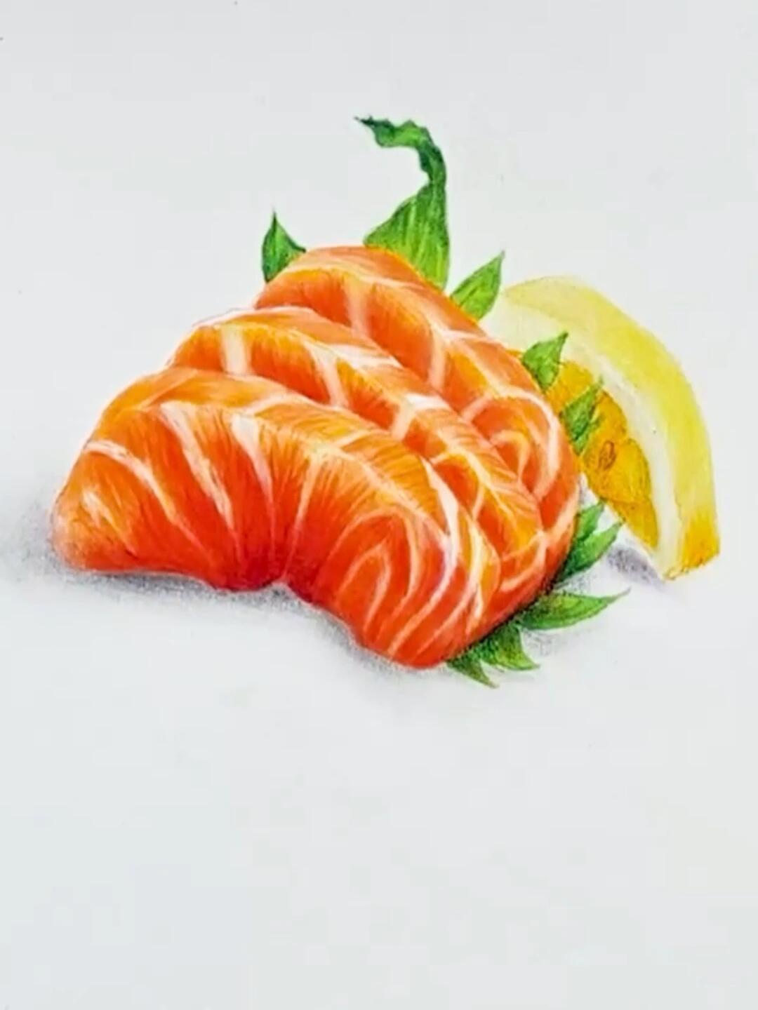 彩铅手绘三文鱼过程分享