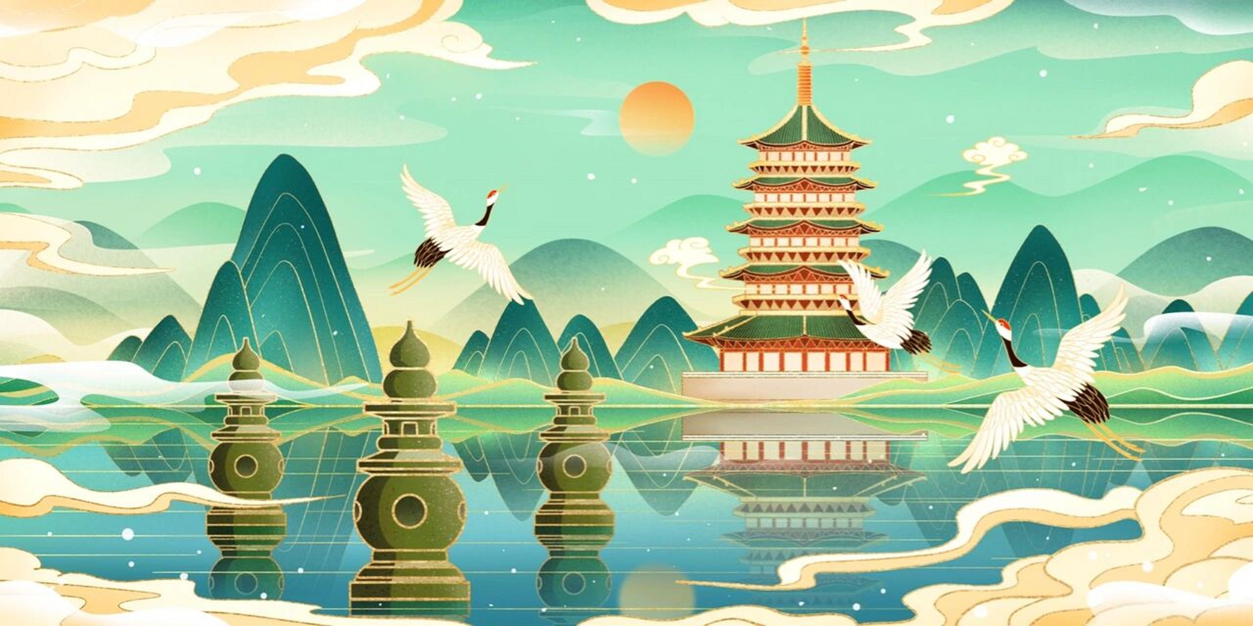 国潮中国风鎏金城市西湖 这么好看的美图出至#摄图网# 摄图网目前可