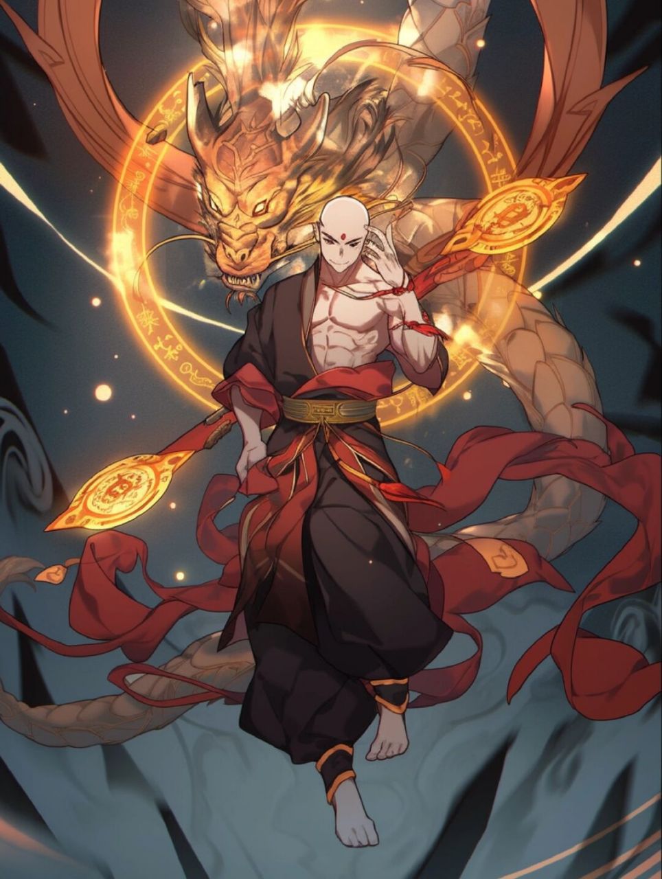 佛道-降龙罗汉 十八罗汉里的降龙尊者 咒语:a bald chinese monk with